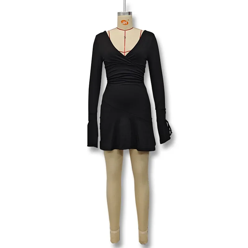 Minivestido de noche Sexy con cuello en V, manga larga, Espalda descubierta, cintura alta, elegante, con cordones, coqueta, para fiesta y graduación