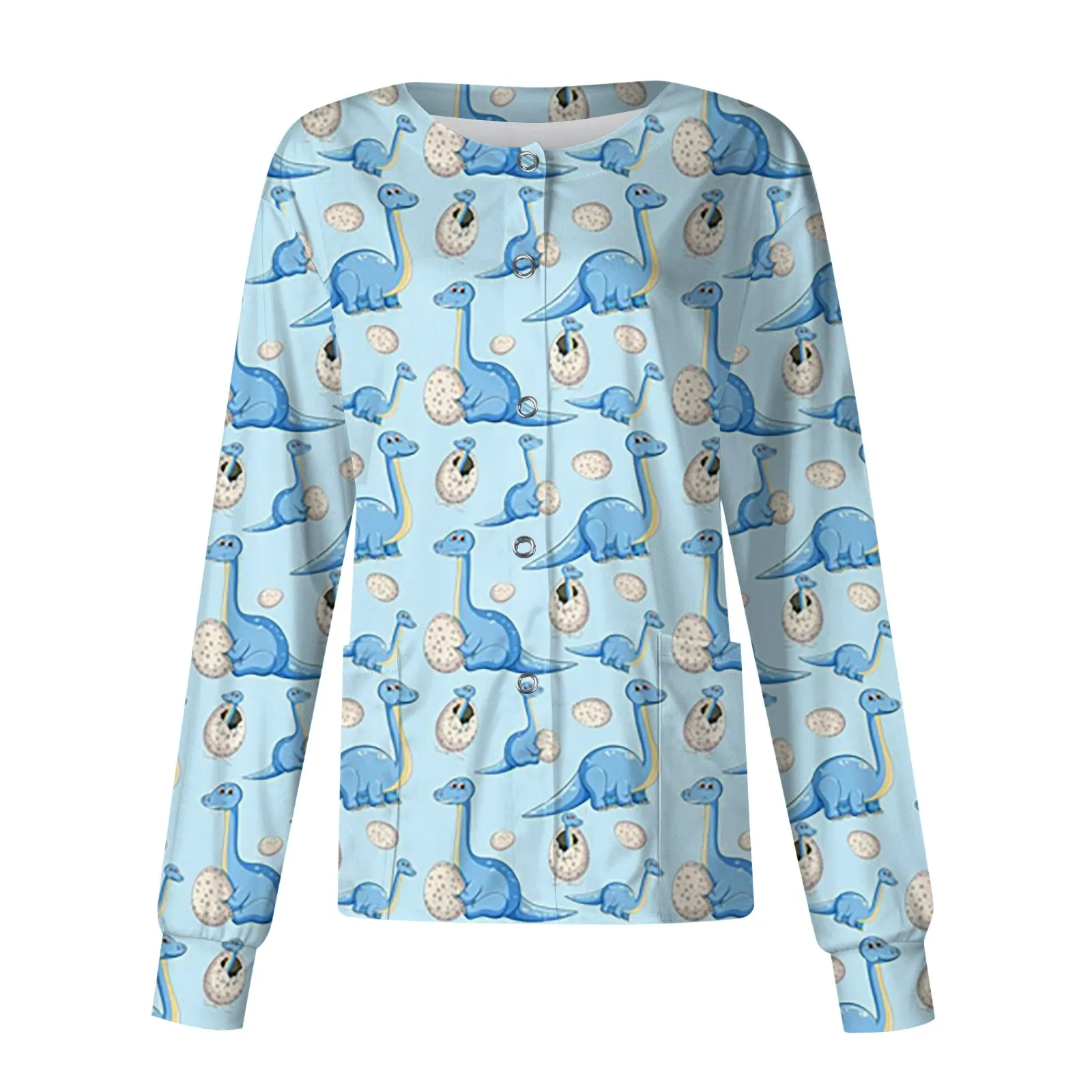 Chaqueta de manga larga con estampado de dinosaurio de dibujos animados para mujer, con bolsillo uniforme de trabajo de enfermera, mono protector de un solo pecho, cárdigan