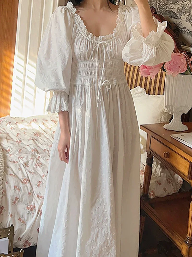 Spring Autumn Women Fairy Cotton Nightdress Embroidery Ruffles Nightgowns Lace-up Elastic Vintage Princess Pajamas Sleepwear