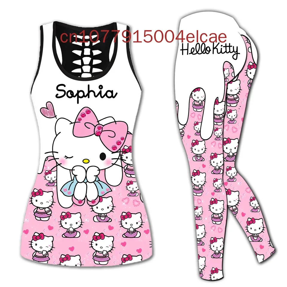 New Hello Kitty Women's Hollow Vest + Women's Leggings Yoga Suit Fitness Leggings Sports Suit Disney Tank Top Legging Set