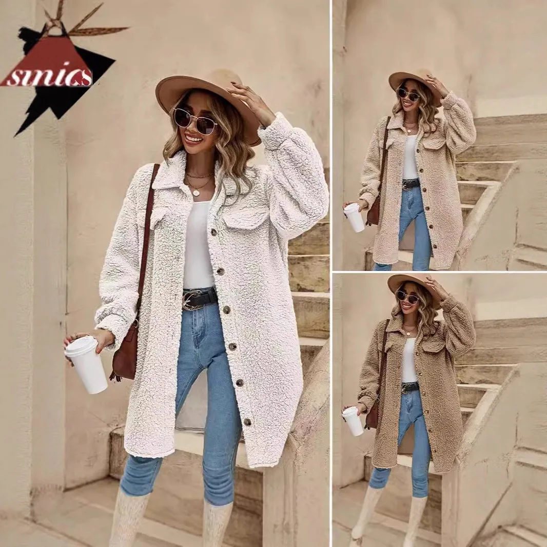 Women's Long Sherpa Fleece Coat Oversized Winter Warm Jacket Button Down Lapel Shacket Outerwear with Pockets