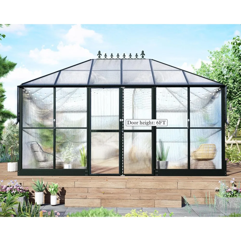 Winter Sunroom Greenhouse with 2 Vents and Double Swing Doors 6FT Added Wall Height, Walk-in Polycarbonate Aluminum Greenhouse