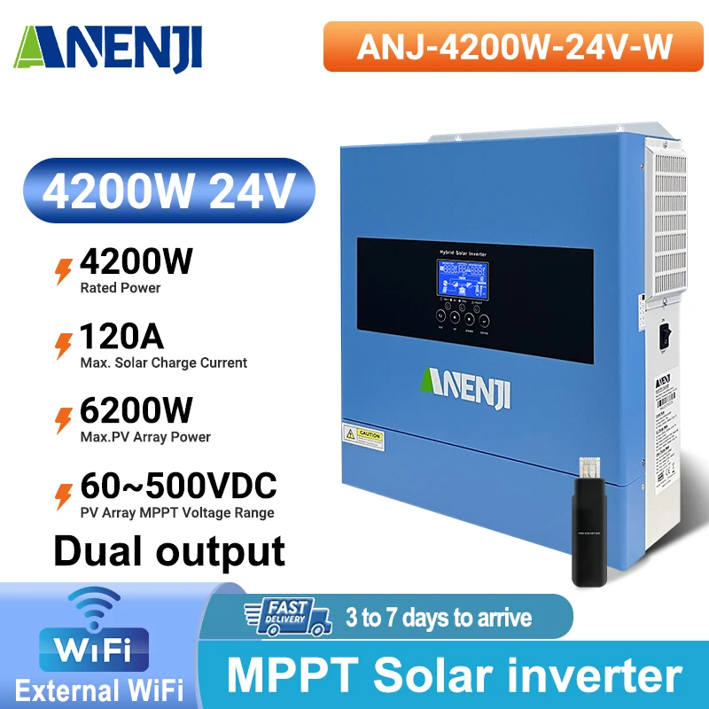 Convertisseur solaire hybride ANENJI 4,2 kW 24 V, 220 V hors réseau, MPPT 120 A, PV 500 VDC, onde sinusoïdale pure, contrôleur solaire PV MAX 6200 W avec WIFI