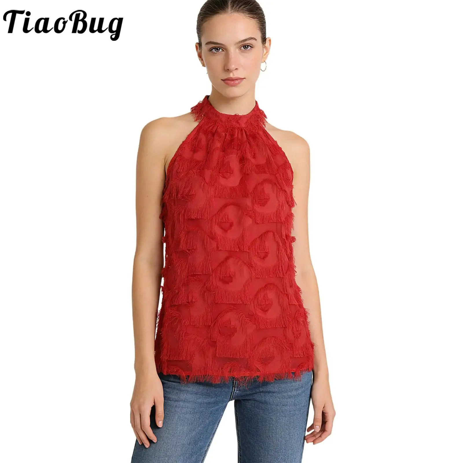 

Women Fringe Layered Tassel Fuzzy Detail Blouse Halter Sleeveless Tank Top Stylish Streetwear Clubwear for Daily Casual Party