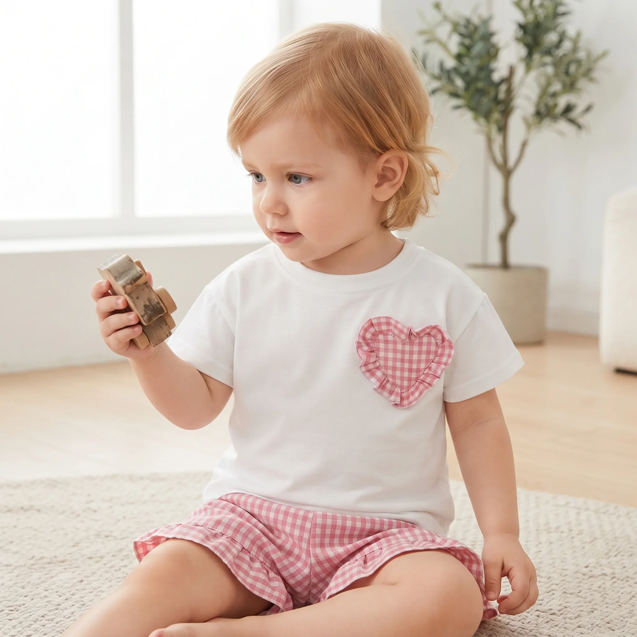 Summer Baby Girls Cute Style Clothes White T-shirt+ruffle Shorts Summer Pink and White Grid Pattern Outfit Suitable for 0-3Y