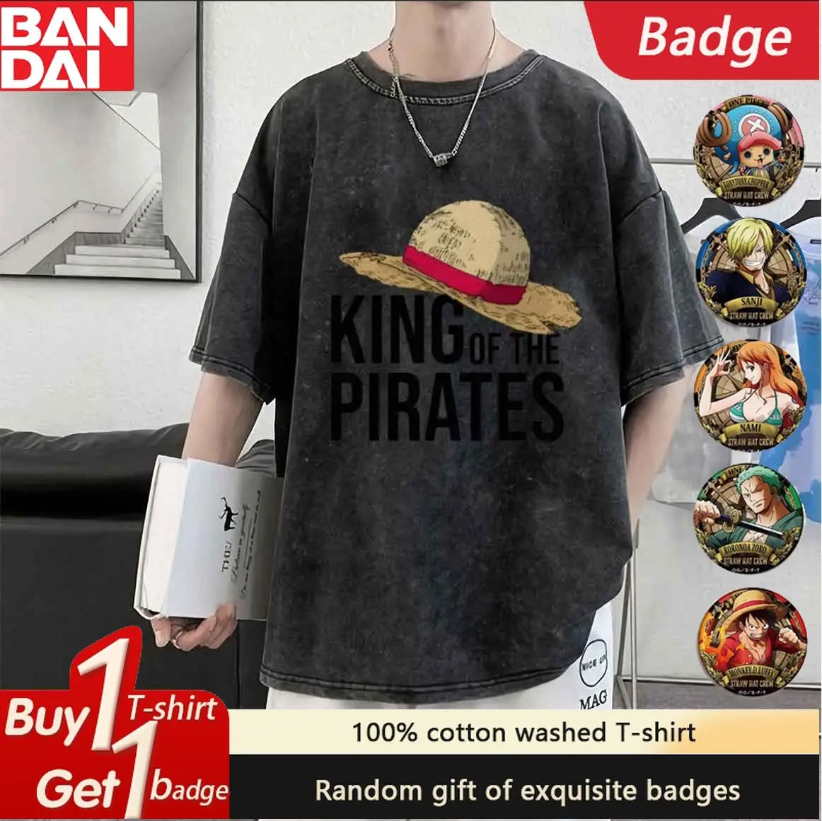 

Anime One Peice Print Vintage Washed Men's T Shirts Streetwear Oversized Y2k Clothes Women's Short Sleeved Tee Casual Top Summer