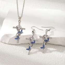 Exquisite Spiral Rhinestone Butterfly Cross Pendant Necklace Earring Set for Women's Trendy Charm Daily Versatile Jewelry Gift