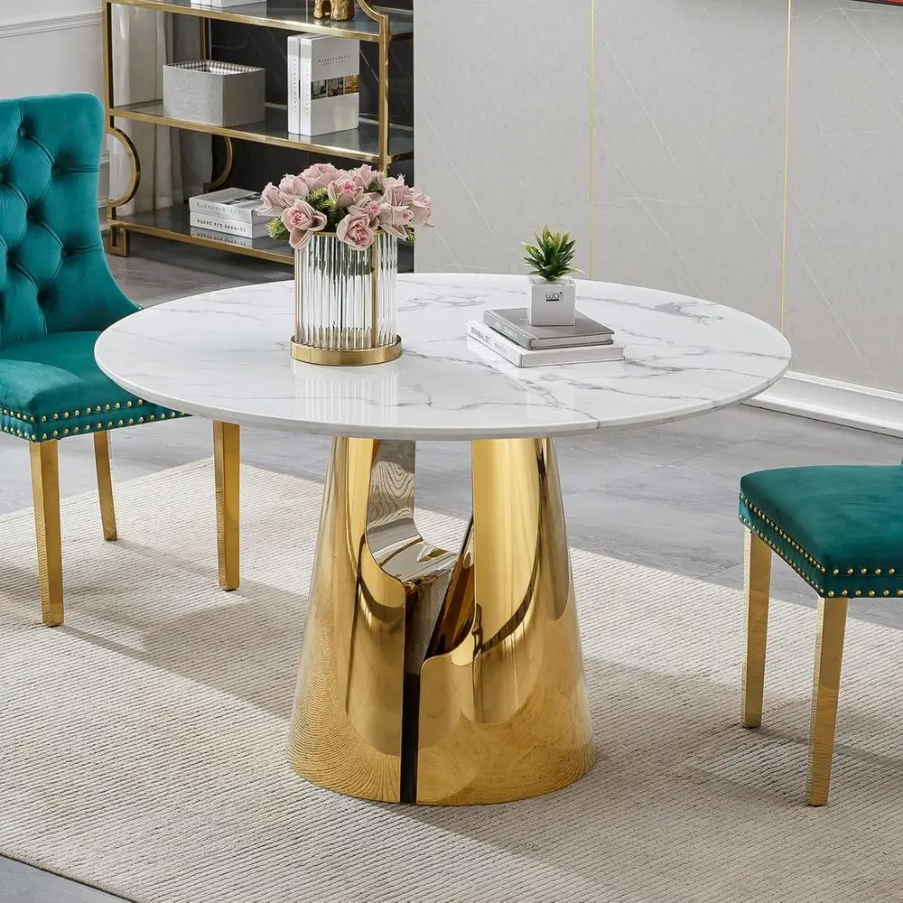 

Round Marble Dining Table, 45 Diameter, White Marble Top, Gold Columnar Pedestal Stainless Steel Base