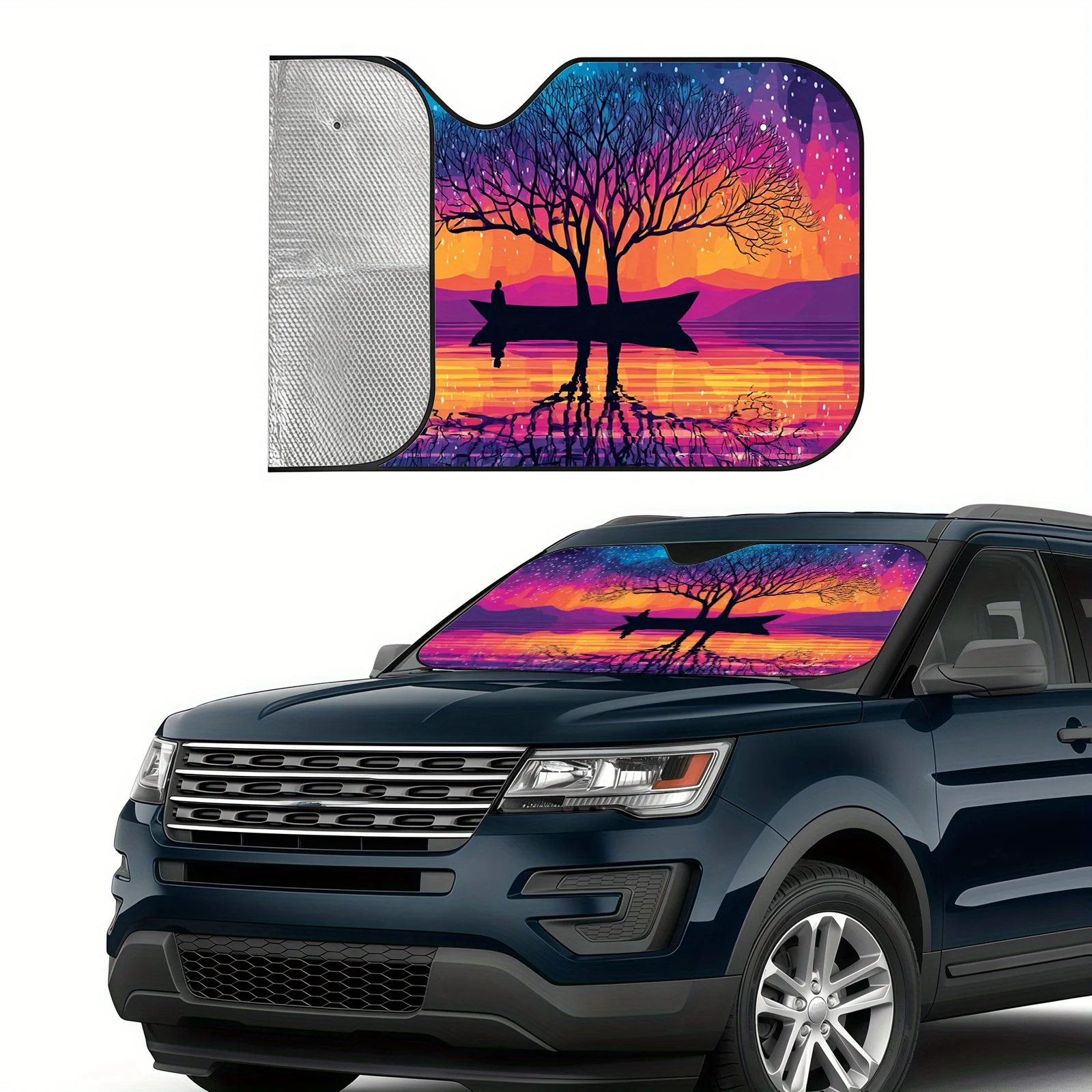 Dream Tree Shadow Car Sun Visor - Gradient Colorful Night Sky Design With Silhouette Figures, Heat-Blocking & Temperature Stabil