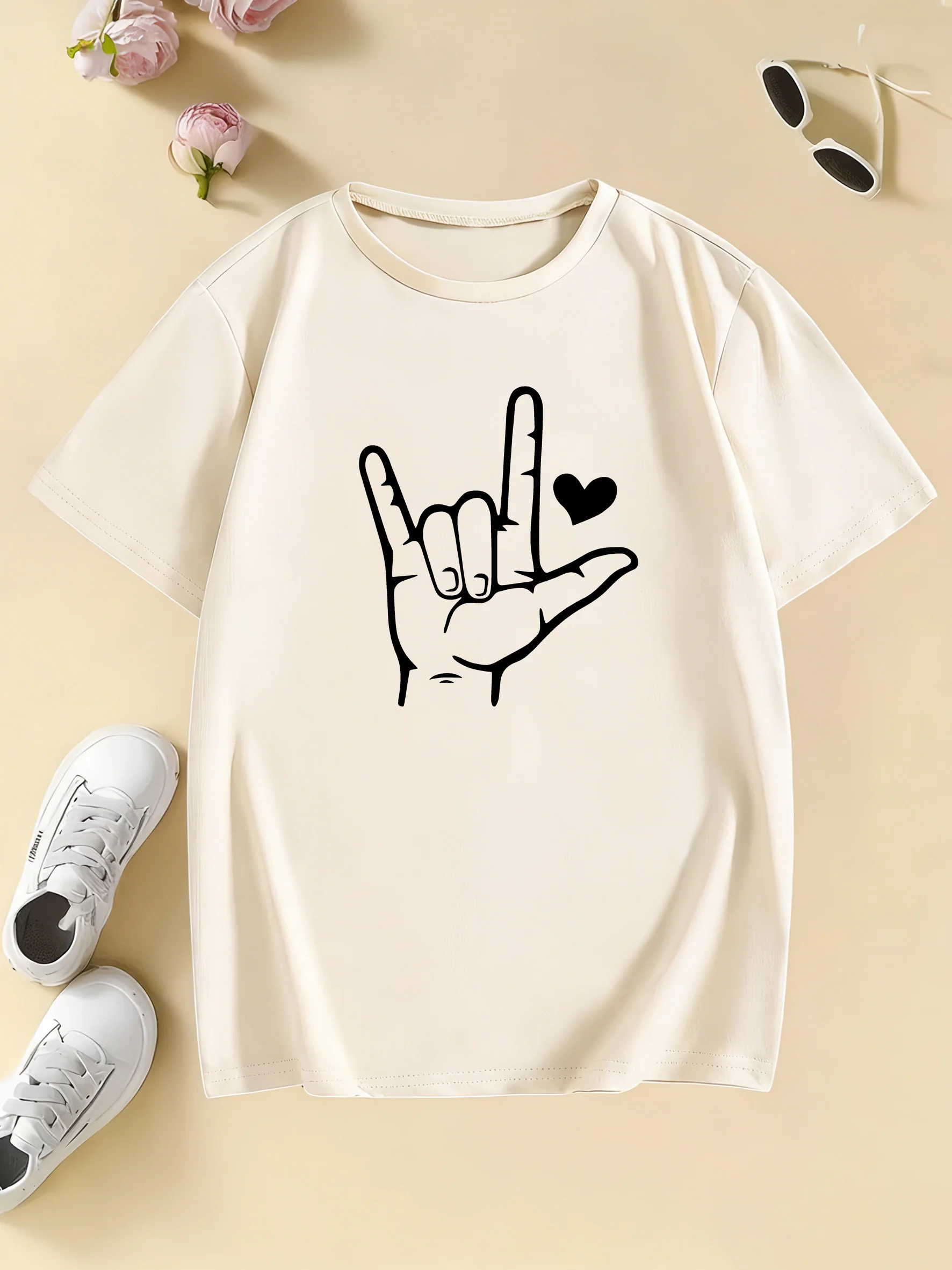 Graphic Hand with Love Printed Design T Shirts Kids Children's T-shirt Boys Girls Summer Spring Casual Top Tee Shirt