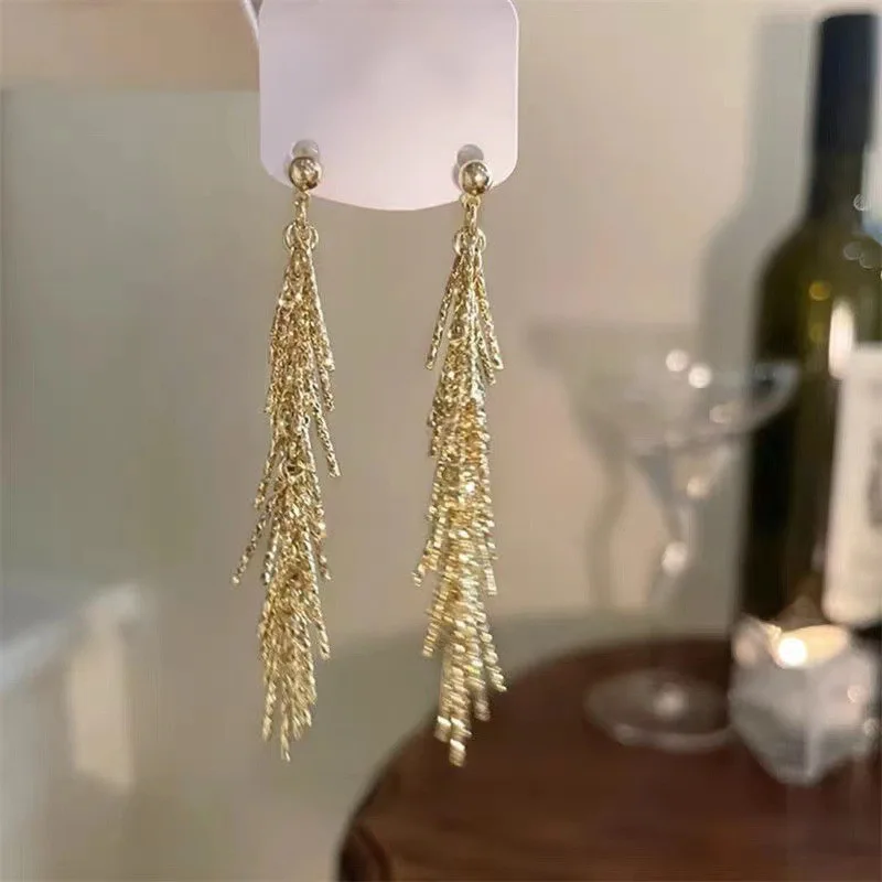 Vintage Gold Color Long Tassel Dangle Earrings For Women Glossy Sequins Water Drop Zircon Hanging Earring Wedding Jewelry Gifts