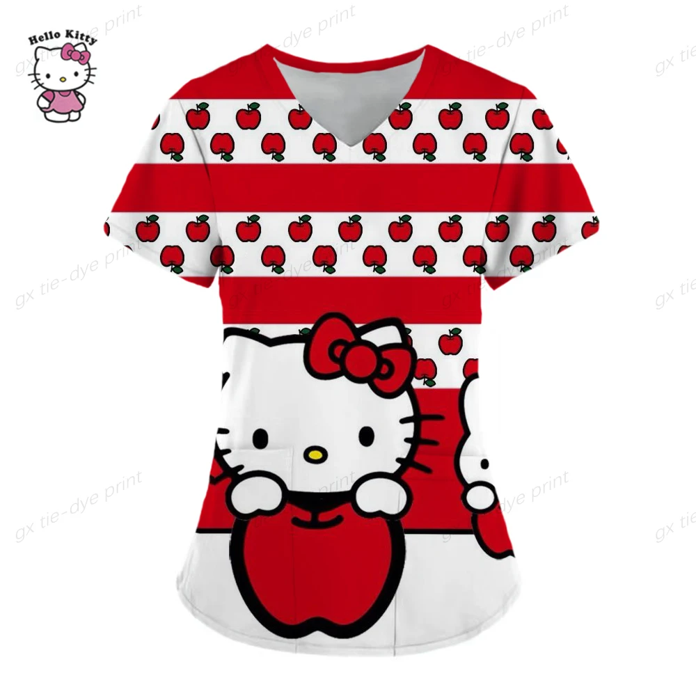 Hello Kitty/Kuromi printed nurse frosted top women's work clothes shirt short sleeved V-neck uniform dentist nurse uniform