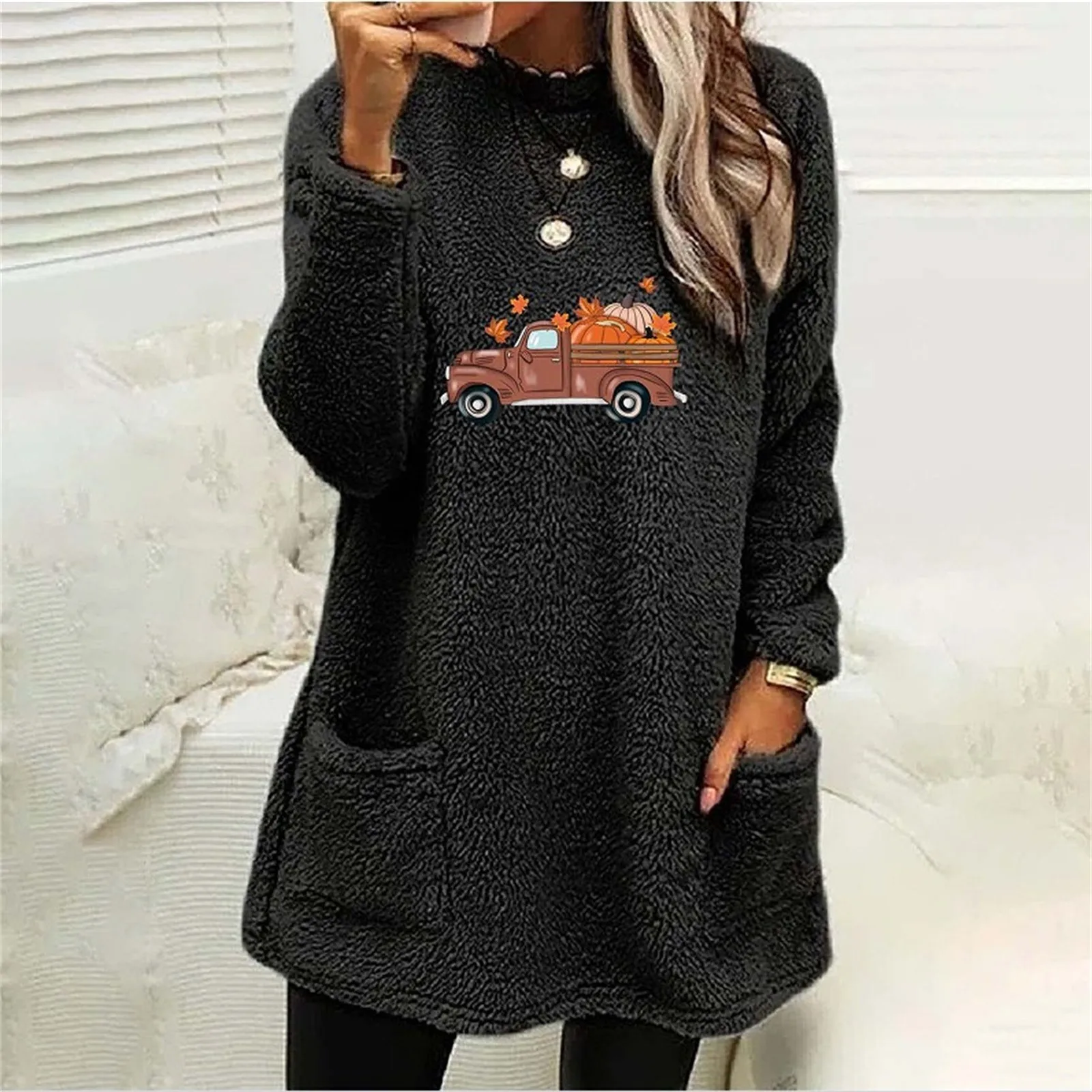 Women Casual Double Fuzzy Sweatshirt Faux Car Graphic Fleece Zip Pullover Sweaters Casual Hoodies Women Hoodies plus Size