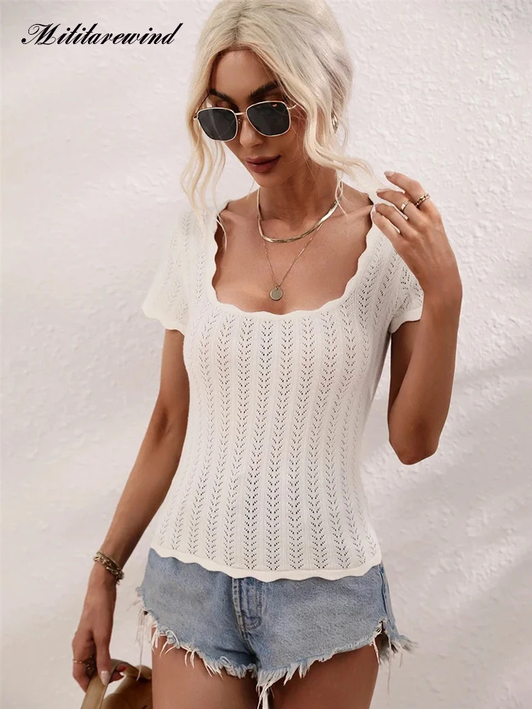 

Summer Knitted T Shirt Women Casual Slim Fit Short Sleeve Square Collar See Through Tops Tees Solid Color Knitwear Tee Shirt