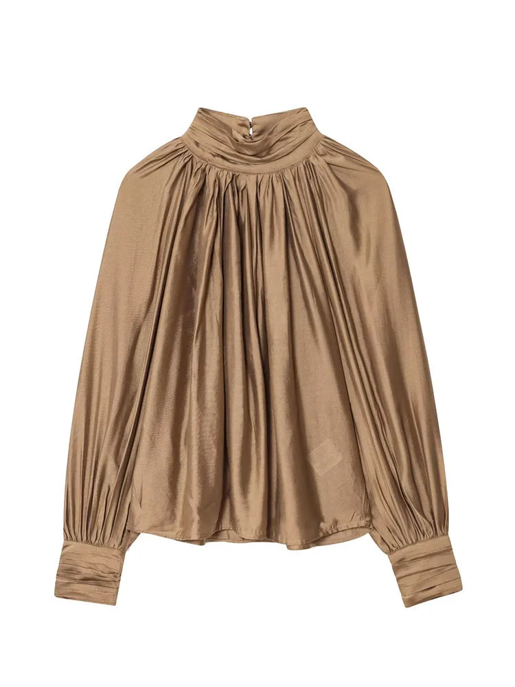HH mujer moda de otoño Simple versátil cuello alto drapeado Top mujer calle temperamento linterna camisa de manga larga