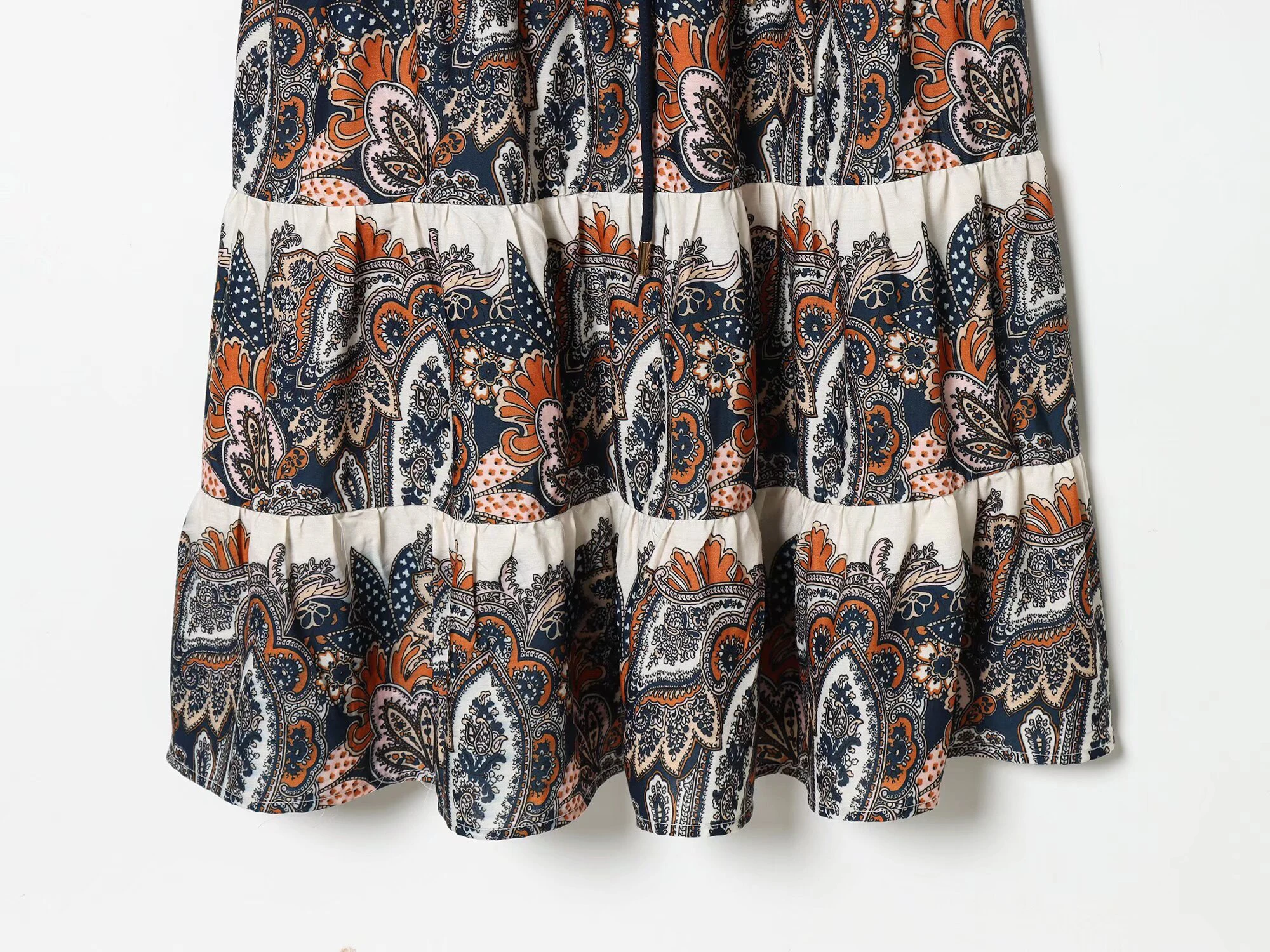 2026 primavera feminino estilo chinês gola alta manga longa impresso em camadas emenda saia larga midi vestido