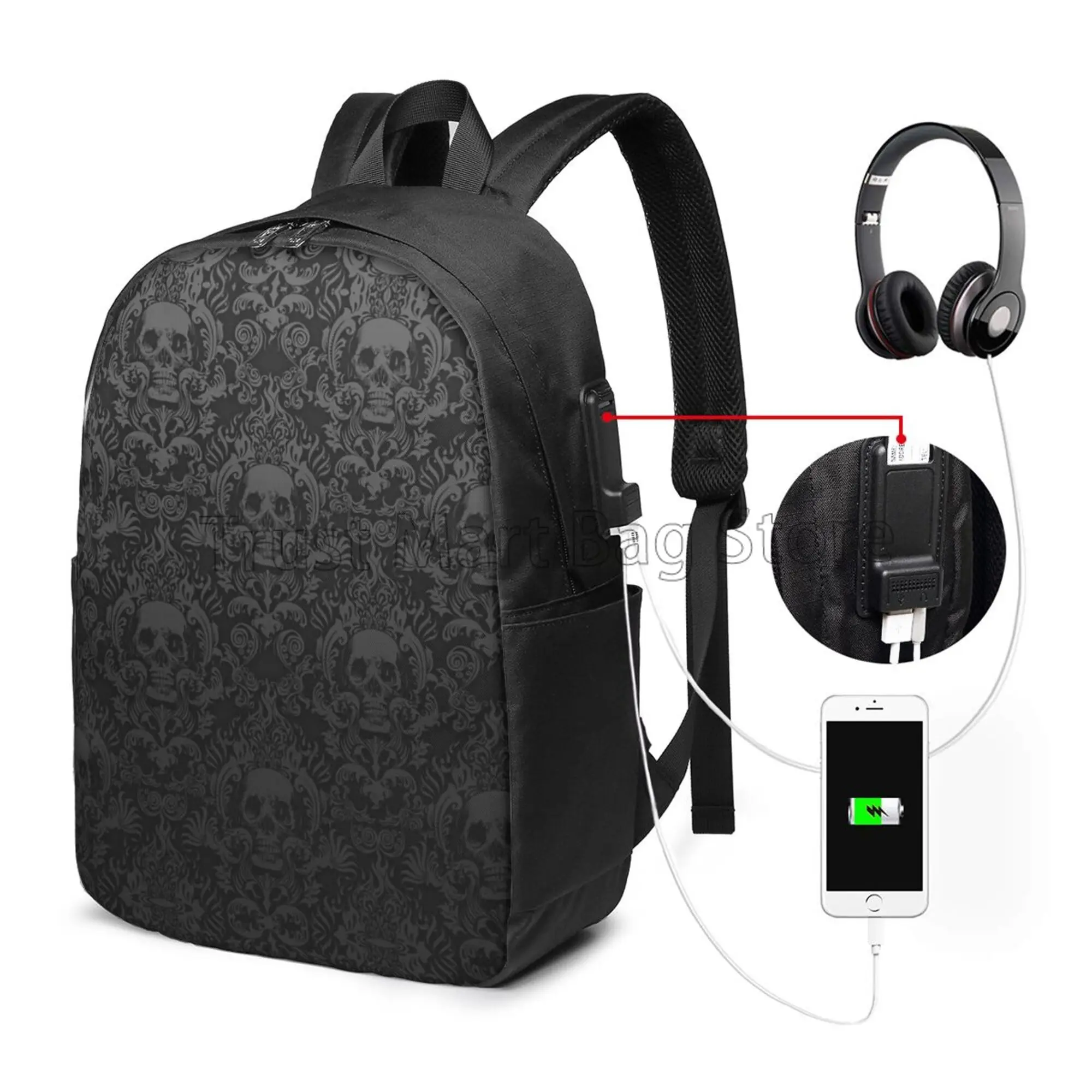 Mochila Gothic Black Skull Damask Pattern Laptop, Durável, Leve, Casual Travel Daypack com Porta de Carregamento USB, 17\