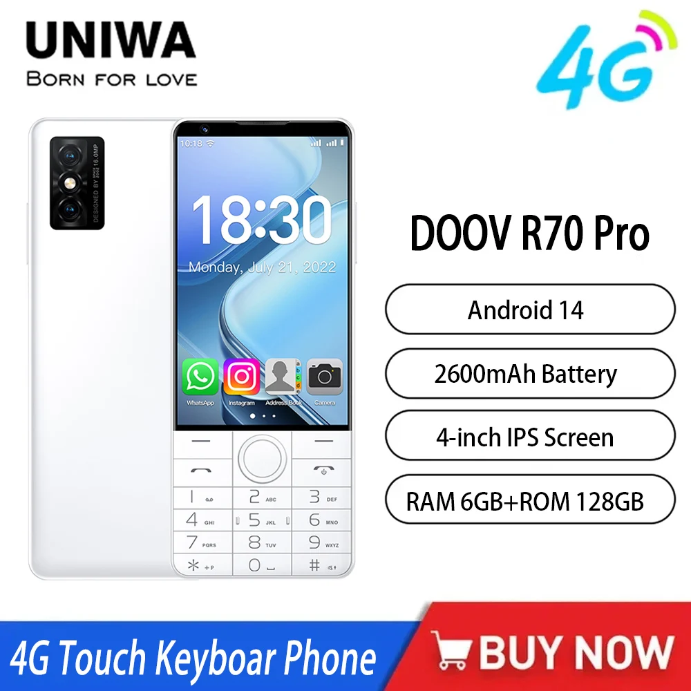 UNIWA DOOV R70 Pro 4G Smart Keyboard Mobile Phone 4inch 6GB 128GB Touch Screen WiFi & Whatsapp Android14 2600mAh Durable Battery