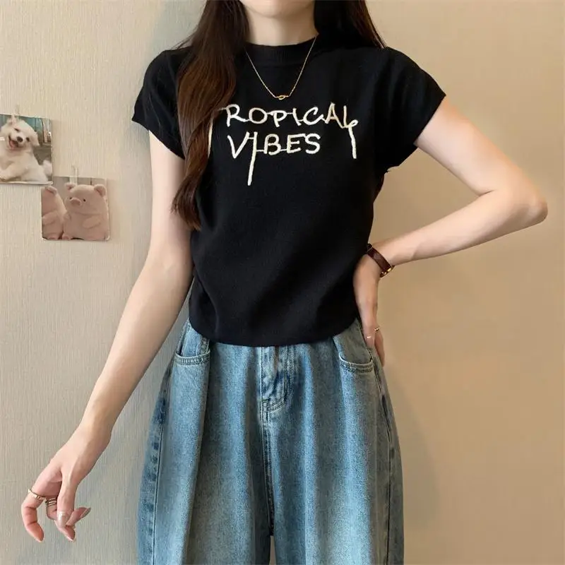 American Spicy Girl Letter Short-sleeved Knitted T-shirt Women's Summer New Slim-fitting Thin Short Vest Knitted Sweater Top