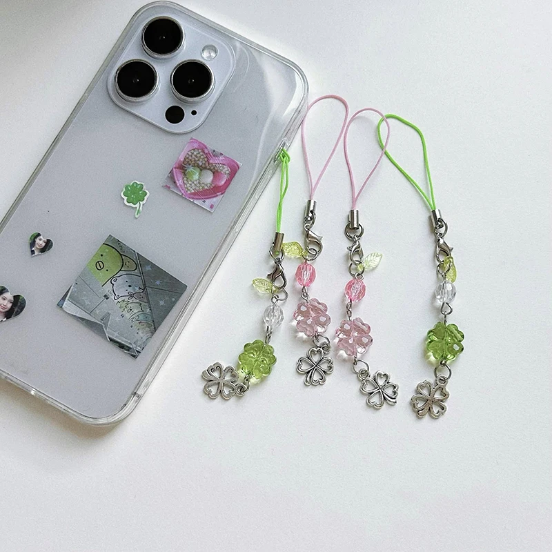 1PC Crystal Lucky Four Leaf Clover Mobile Phone Chain Y2K Trendy Beaded Phone Lanyard Fashion Keychain Girl Gifts