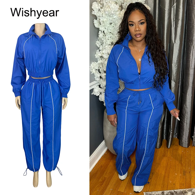 

Casual Women's Fall Blue 2 Piece Sportswear Set Fashion Striped Full Sleeve Zip Jacket and Wide Leg Pants Matching Tracksuit