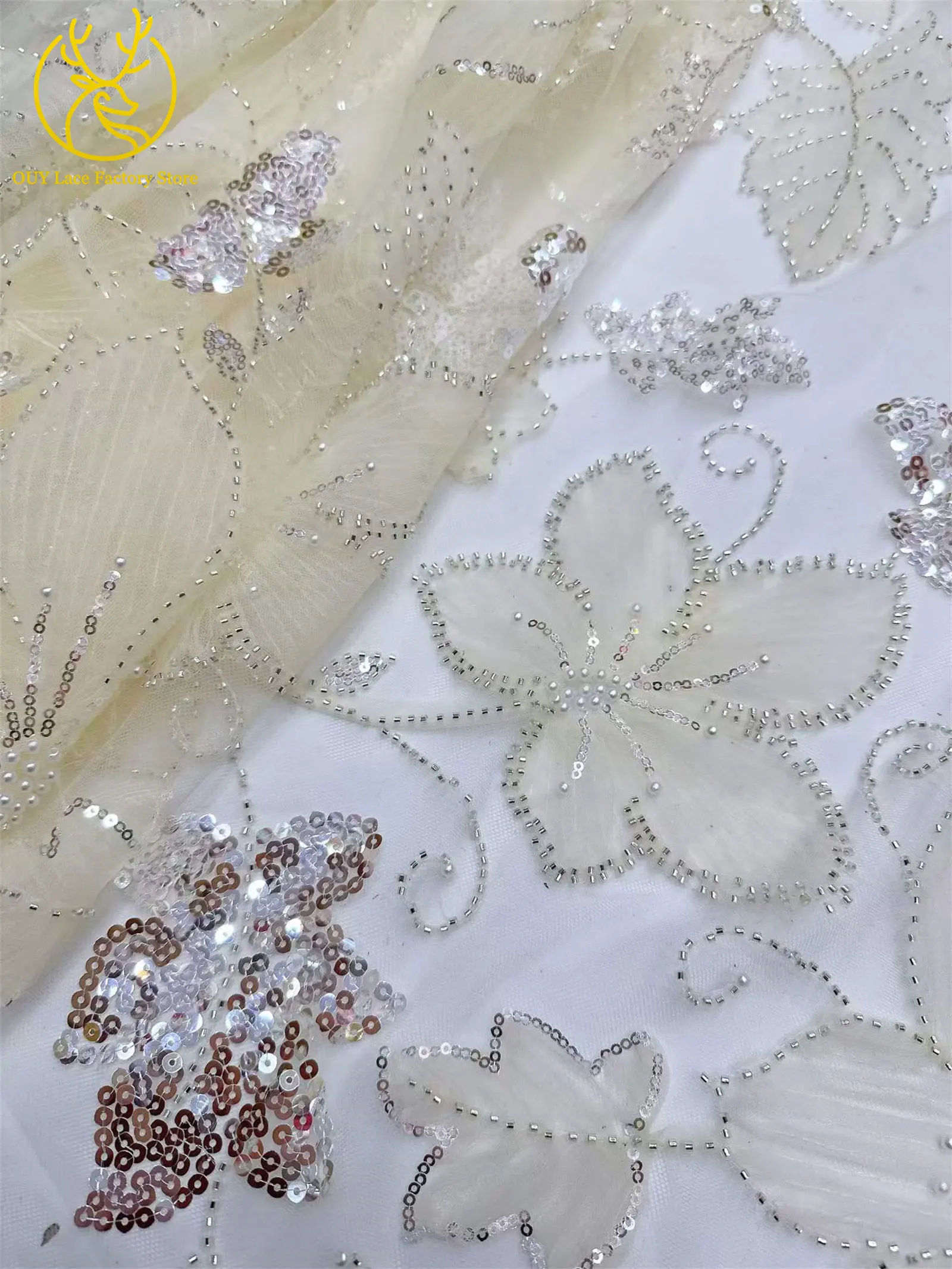 Französischer Tüll-Stickerei-Spitzenstoff, hochwertiger afrikanischer Spitzenstoff mit Perlen und Pailletten, nigerianischer Spitzenstoff zum Nähen von Hochzeits- und Abendkleidern – Detail 10