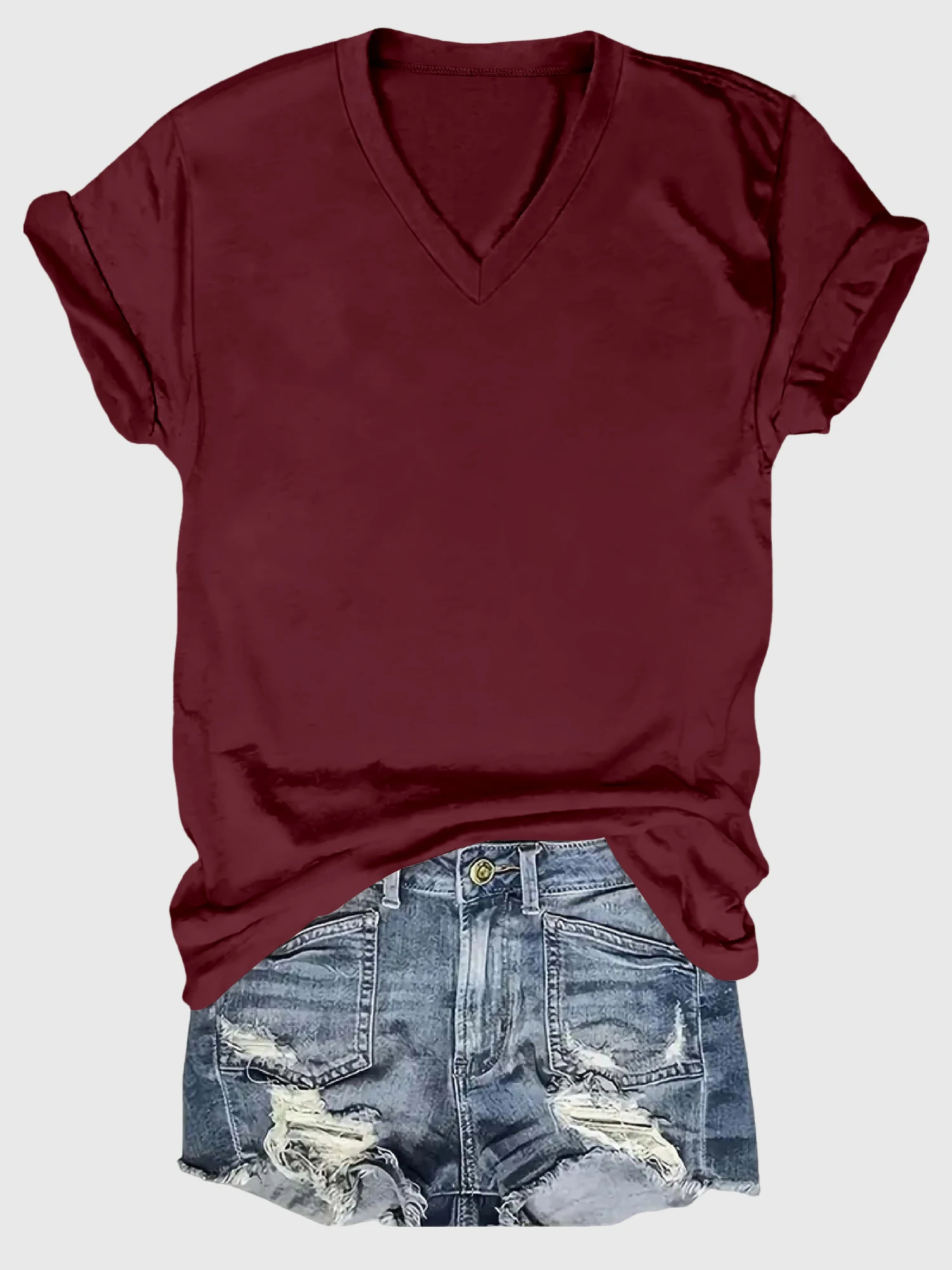 オーバーサイズ Vネック 半袖 Tシャツ - レディース カーブヘムトップ、柔らかく伸縮性のある生地、透けにくい、デイリーウェアに最適