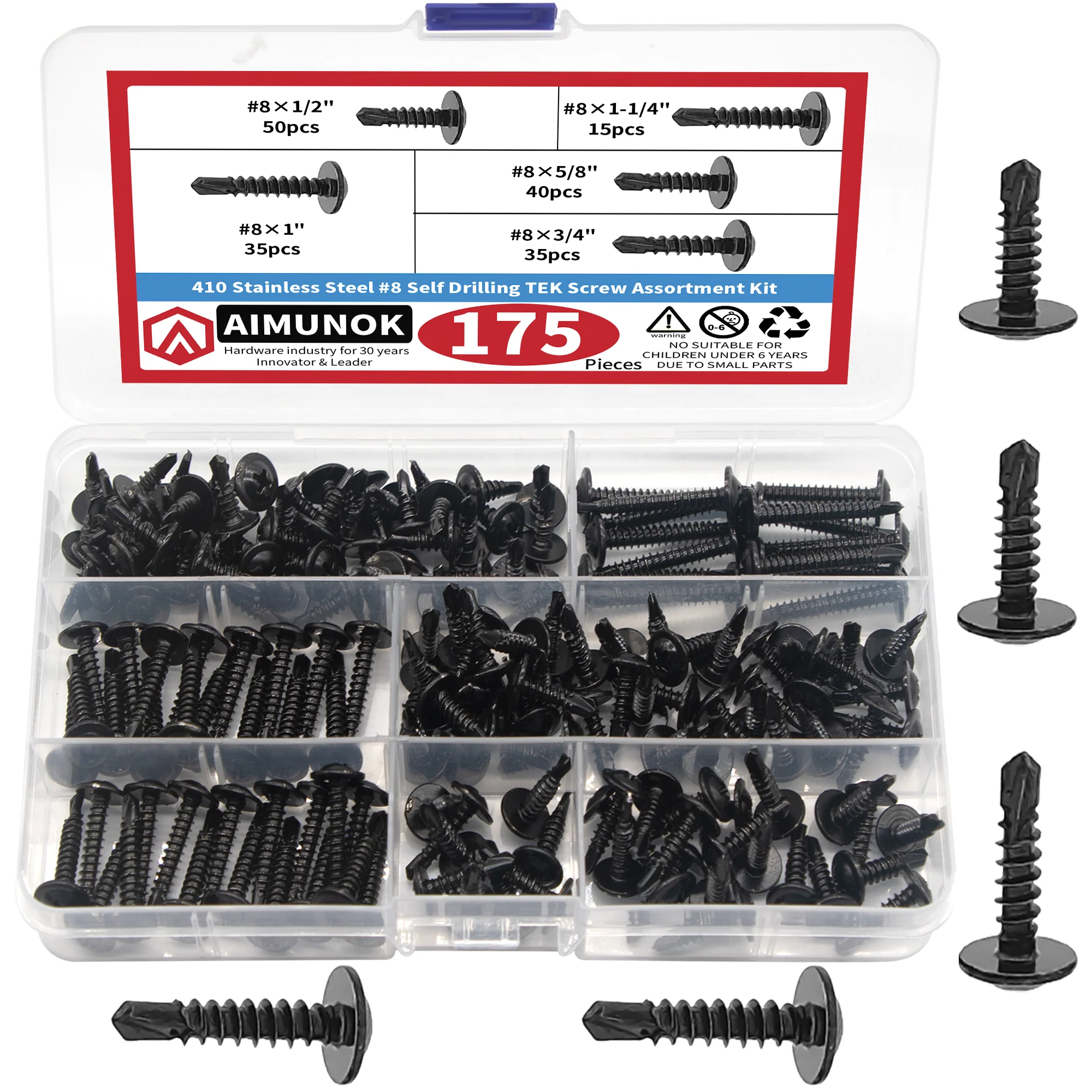 Set di viti TEK autoperforanti in acciaio inossidabile 175 pezzi 410 - Nero e argento, antiruggine, per riparazione di mobili/apparecchi elettrodomestici e fai da te