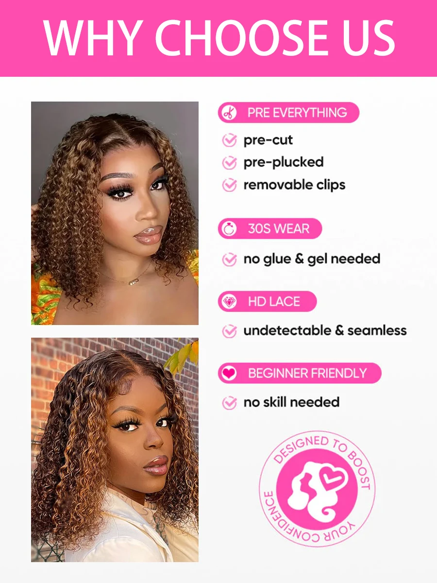 Peruka Bob Krótka Kręcona z Pasemkami Koloru 4/27, Głęboka Fala, Peruka typu Lace Front 5x5, Brazylijskie Włosy 100% Ludzkie, Peruka Bob typu Lace Frontal z Włosami Water Wave