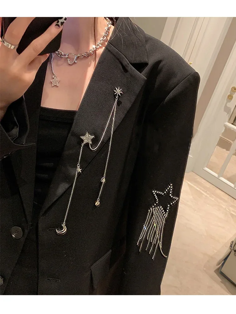 2024 Autumn Black Casual Fashion  Elegant Women\'s Blazer Double-breasted Chain Star Sequins Coat Gothic Jacket Streetwear Y2k