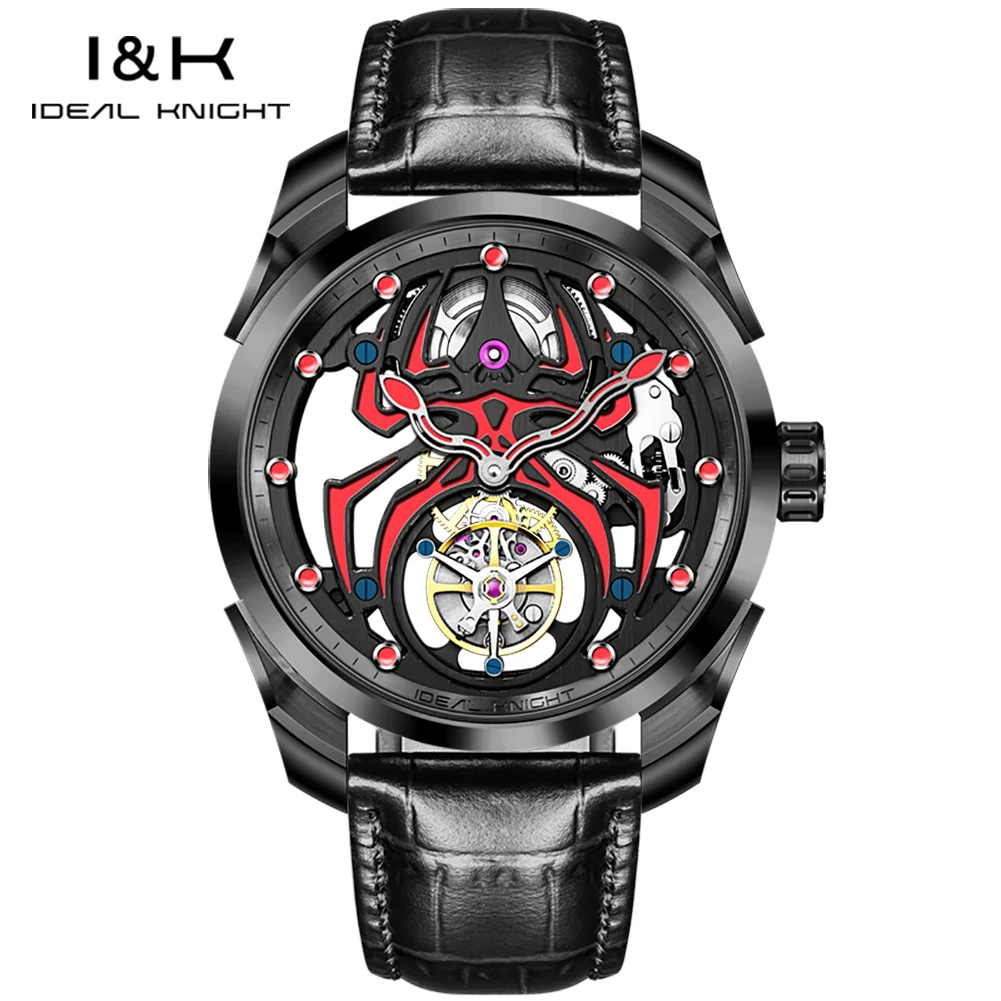 

IDEAL KNIGHT 6802 Tourbillon Watch Black Steel High end Watch Luminous Spider Dial Hand Clock Automatic Mechanical Watch