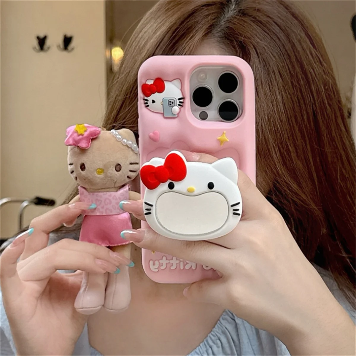 

Korean Pink Silicone Phone Case For iPhone 16 Pro 15 14 Plus 13 Pro Max Cover with Kitty Mirror Stand Shockproof Cases
