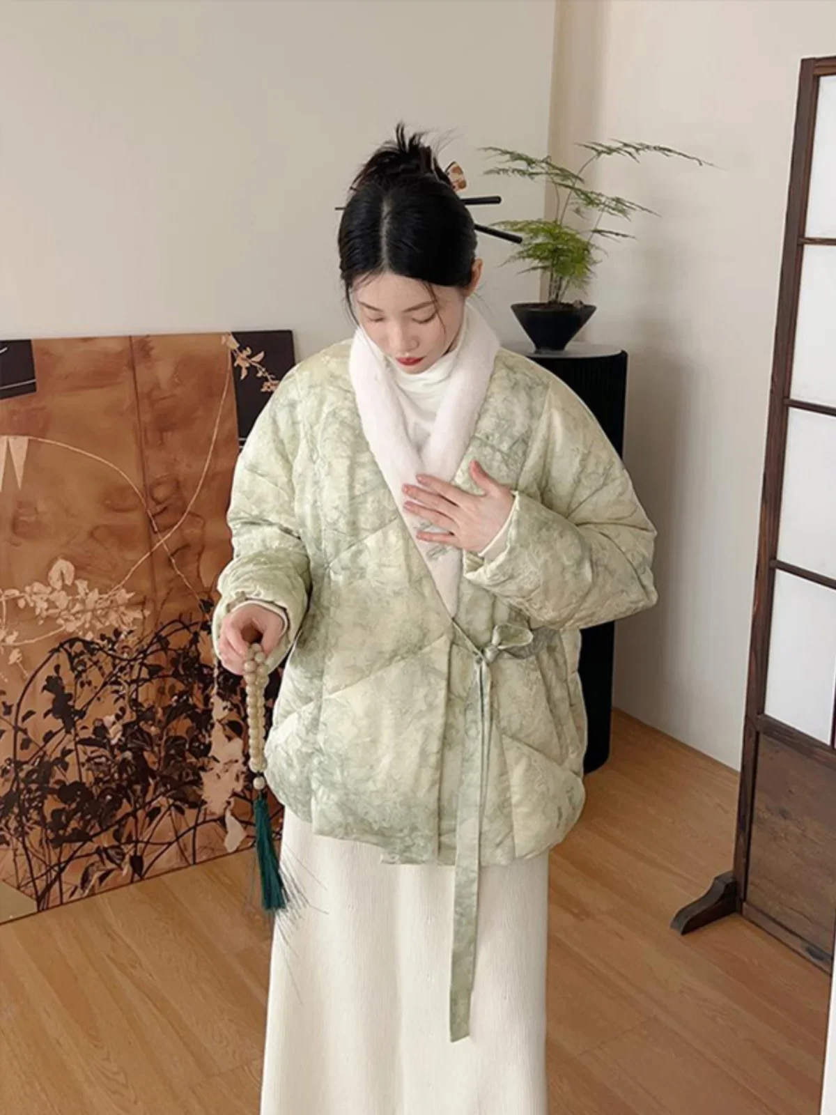 New Chinese Style Tang Suit Diagonal Placket Green Down Cotton Coat Women's Winter