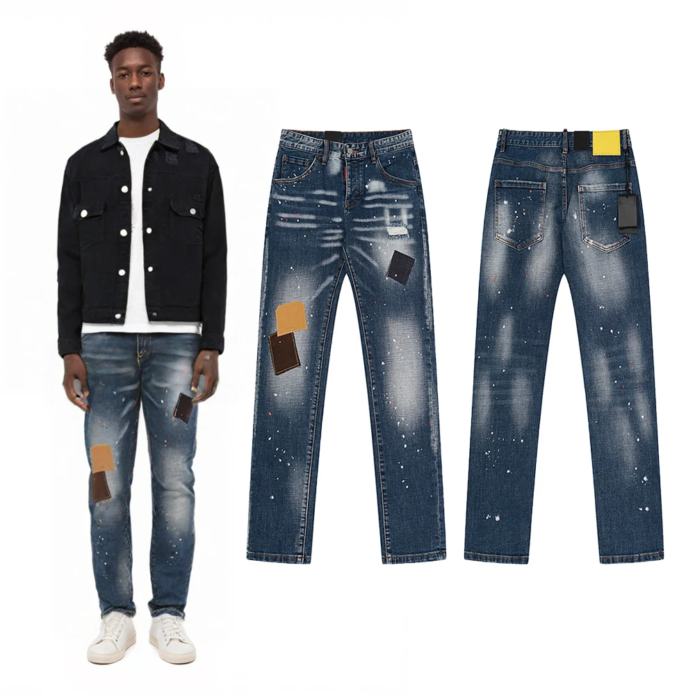 

Уличная одежда, мужские облегающие джинсы с рваной нашивкой, рабочие рваные джинсы в стиле хип-хоп, уличный стиль, повседневные ретро, винтажные узкие джинсы