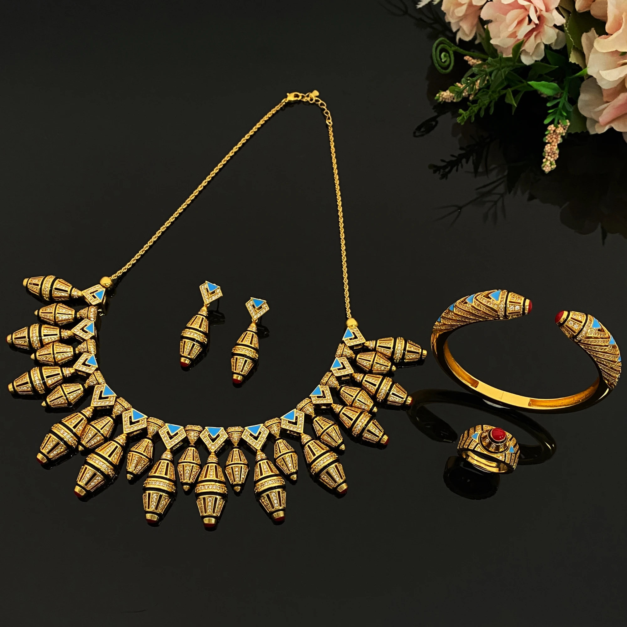 

Falair женский винтажный комплект ювелирных изделий с цирконом, позолоченный медный браслет, кольцо, ожерелье, серьги для свадьбы в нигерийском стиле