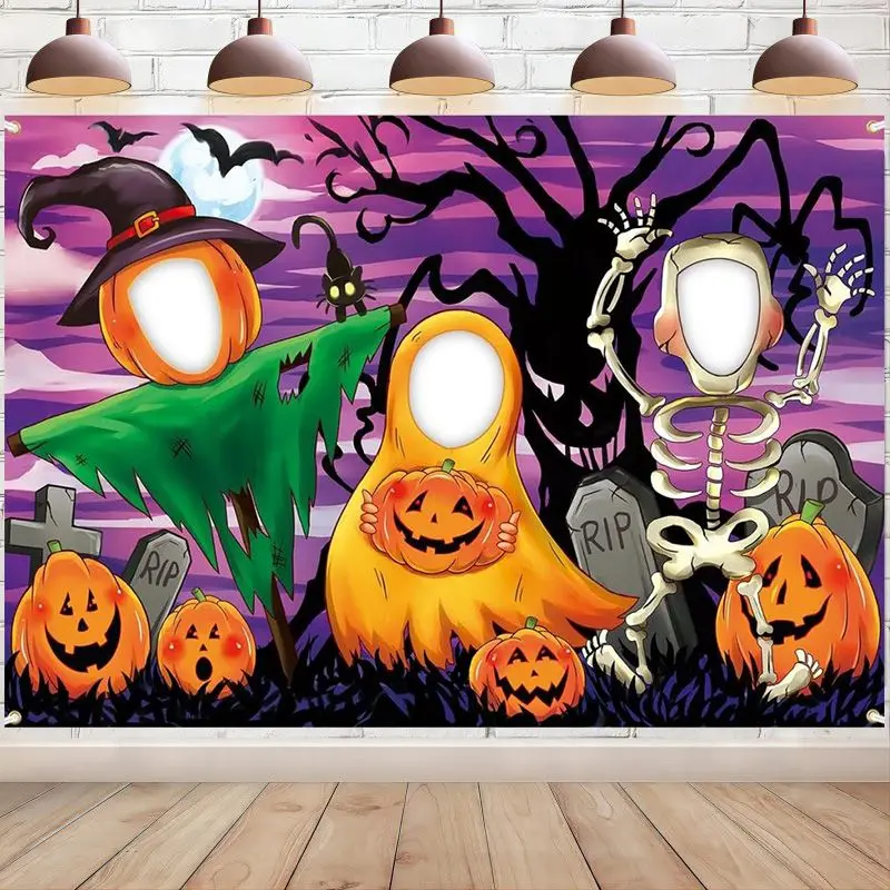 Horror Night Face in Hole Backdrop Pumpkin Head Scarecrow Ghosts Skeletons Spooky Night Moon Bats Monster Tree Photo Background