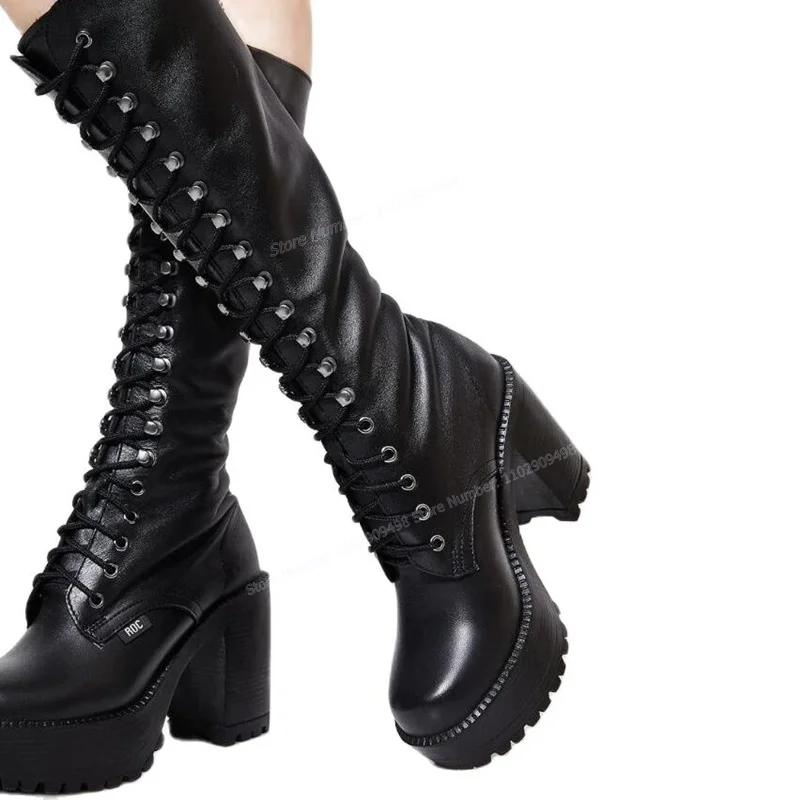 Black Matte Leather Knee High Boots Cross Tied Round Toe Shoes for Women Chunky High Heels Shoes 2023 Zapatos Para Mujere