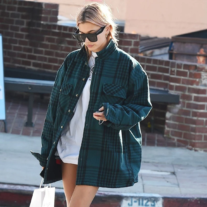 

Hailey British Style Spring Autumn Plaid Cotton Shirt Jacket Casual Loose Velvet Sporty Thickened Medium Length Coat