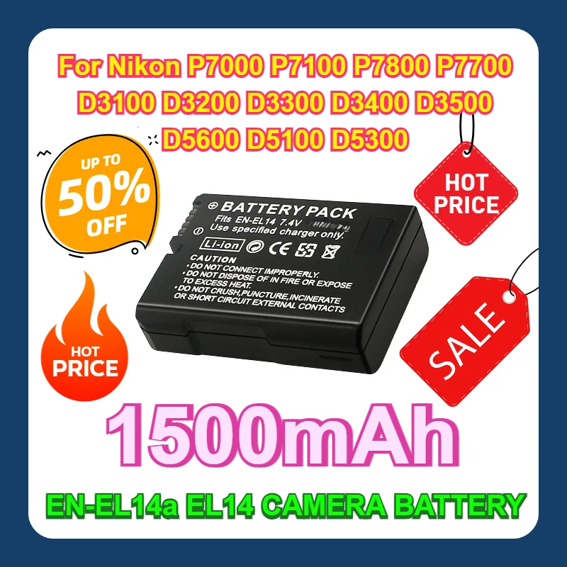 

For Nikon P7000 P7100 P7800 P7700 D3100 D3200 D3300 D3400 D3500 D5600 D5100 D5300 1500mah EN-EL14a EL14 CAMERA BATTERY EN-EL14