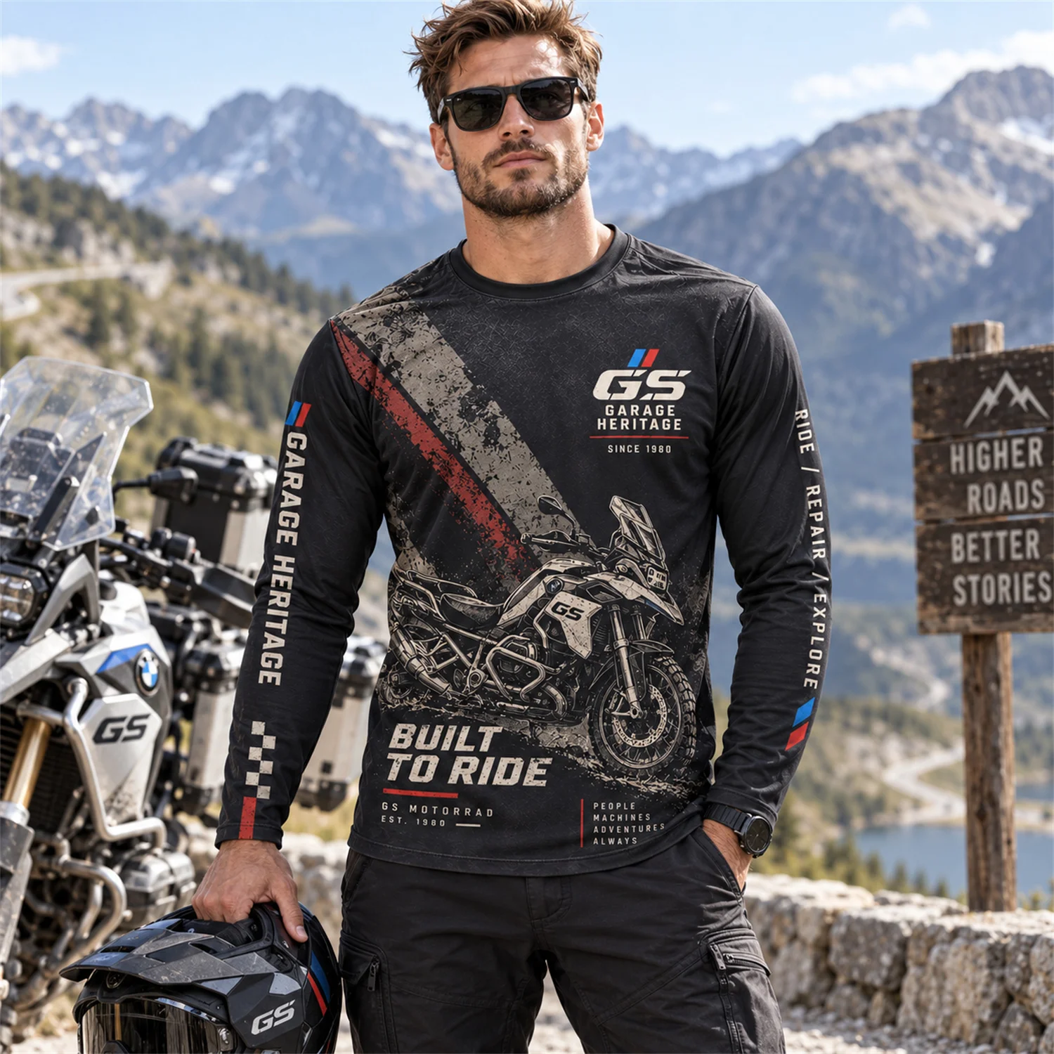 GS Motorrad Motorcycle Long Sleeve Shirt Garage Heritage Graphic Print Adventure Riding Jersey Unisex Biker Outdoor Travel Top