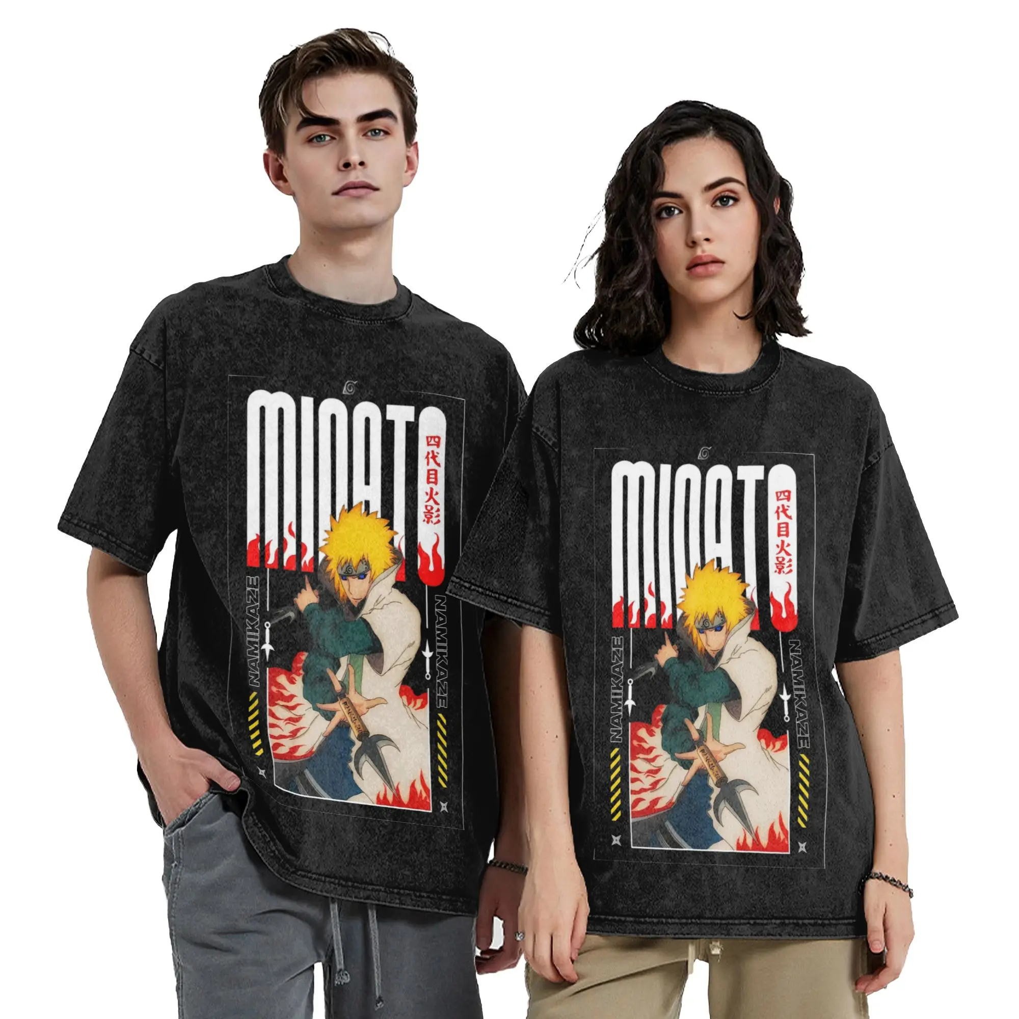 Yellow Ninja Narutoes Anime T Shirts Hip Hop Washed  High Street T-Shirt Fashion Men Women Tops Streetwear Printed Tee Shirt