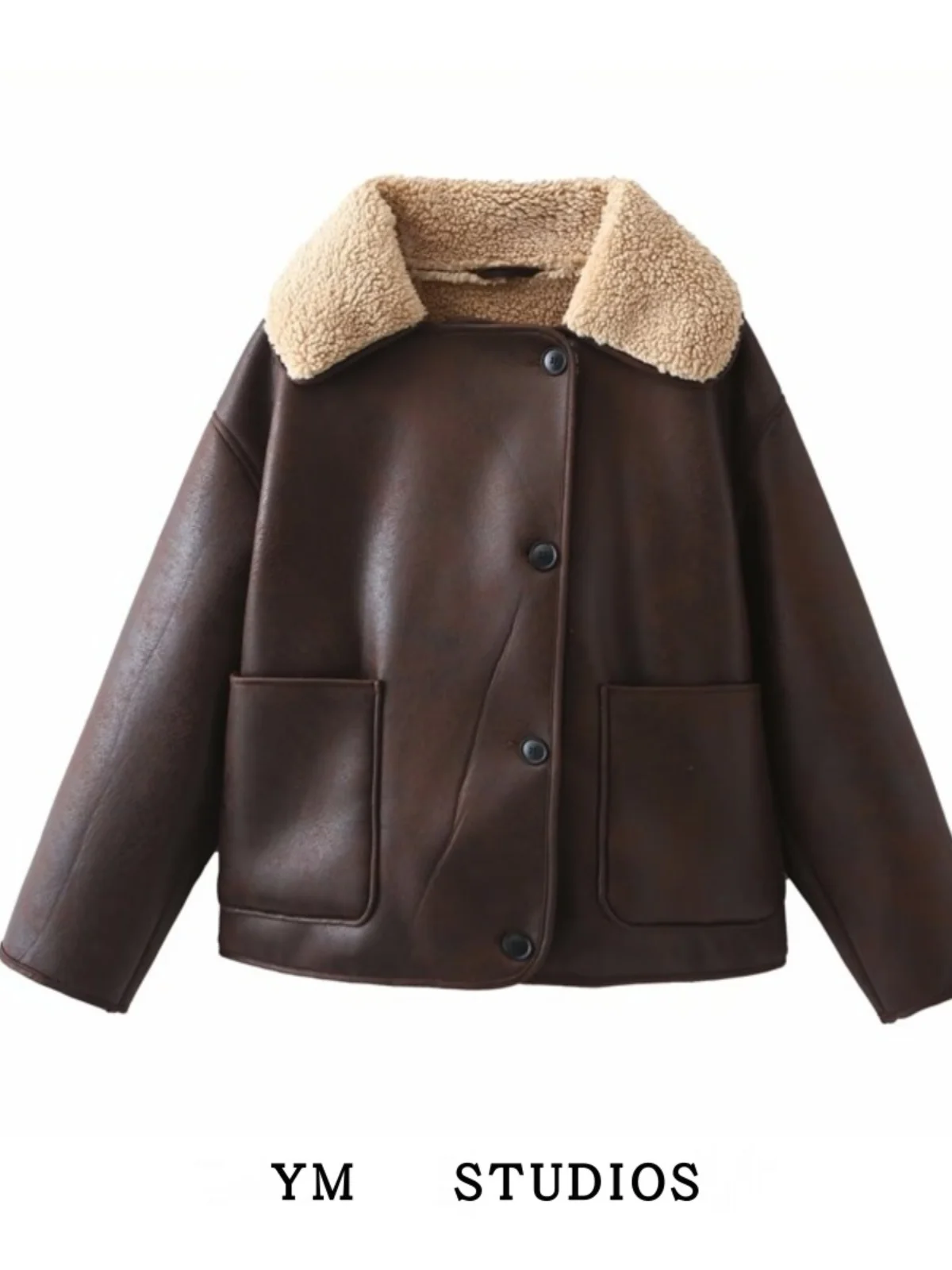 アメリカンスタイルヴィンテージフリース裏地レザーとファージャケットルーズシルエット暖かいコットンコートストリートスタイル冬アウター