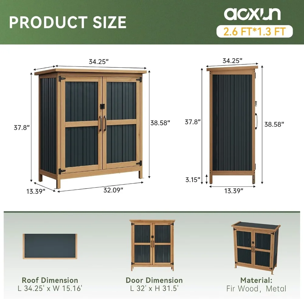 Outdoor Storage Cabinet Shed, Wood Metal Vertical Tool Cabinet, Waterproof Lockable Door, Garden Patio