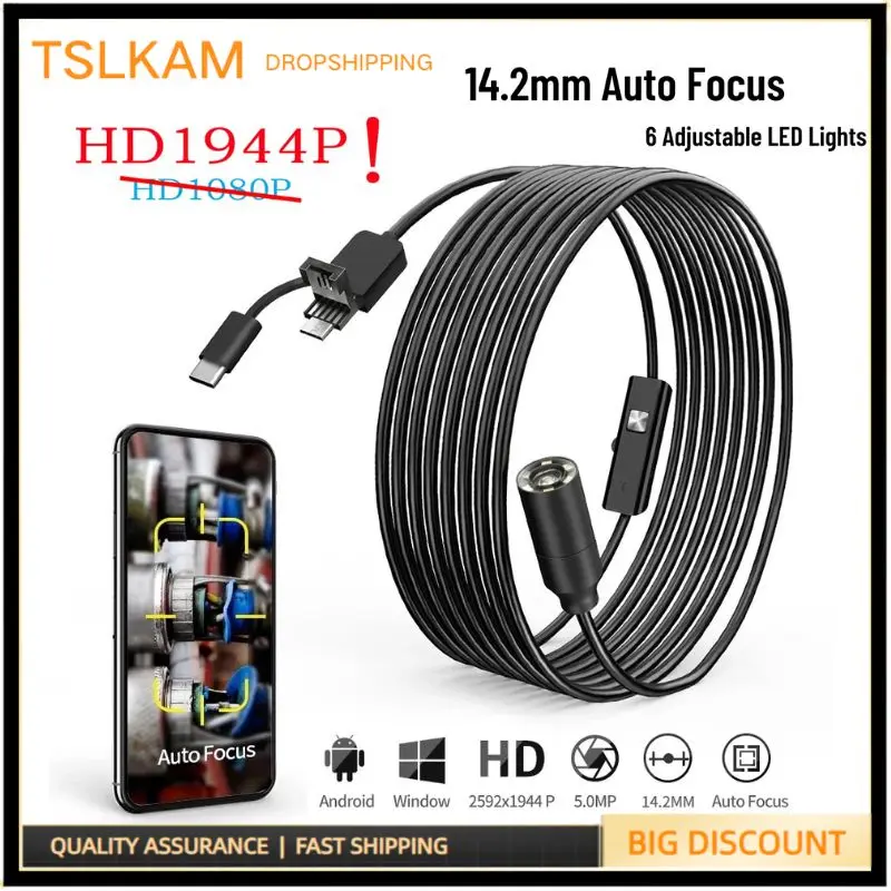 HD1944P 14.2mm Auto Focus Piping Automotive Sewer Industrial Endoscope For Type-C/Android/PC Borescope Check Car