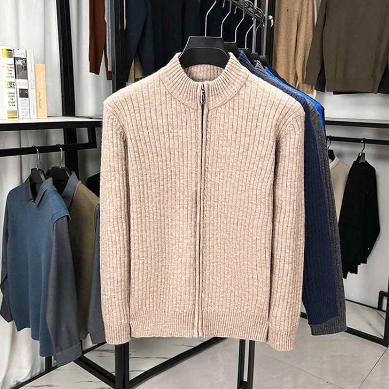 

2025 Autumn and Winter Men's Thick Needle Vertical Stripe Thick Alpaca Wool Knitted Cardigan