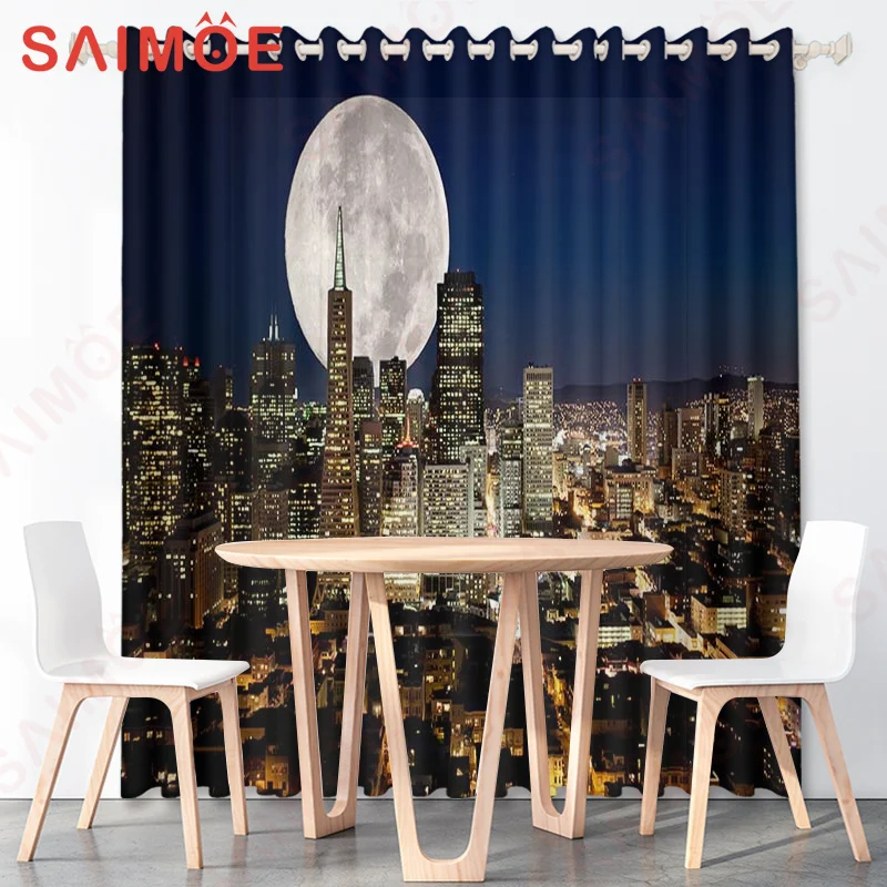 European American Retro Street Building Curtains Telephone Booth Big Ben Moon Thin Polyester Fabric Office Decoration with Hooks