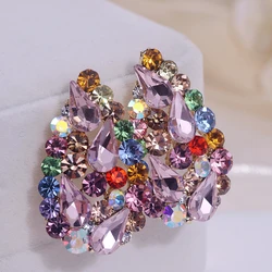 Boho Ethnic Colorful Crystal Stud Earrings for Women Sparkling Full Rhinestone Water Drop Shape Big Earring Femme Indian Jewelry