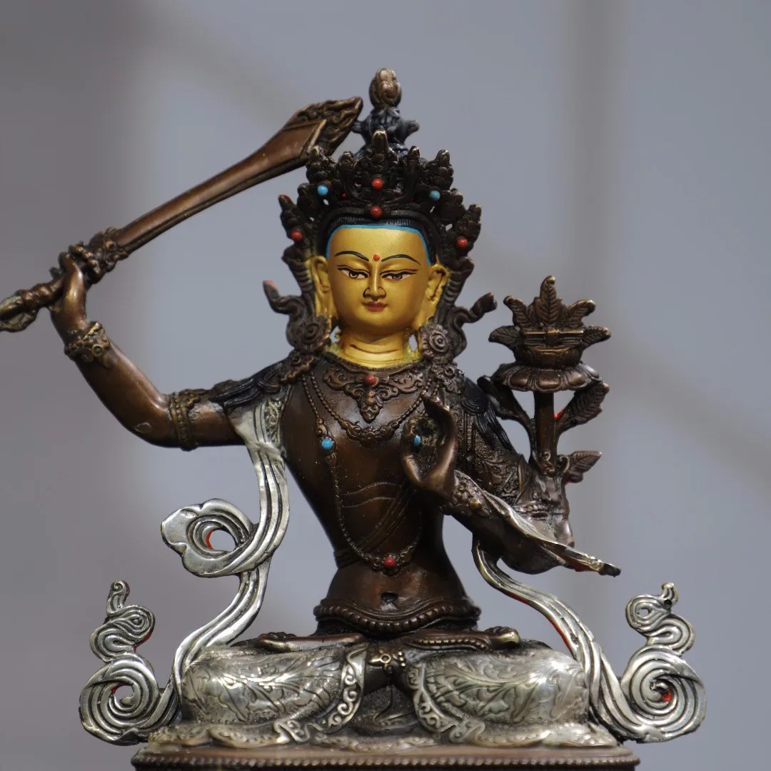 22cm Tibetan brass gilded gold and silver painted pure copper cinnabar sword wielding Manjusri Bodhisattva statue ornament