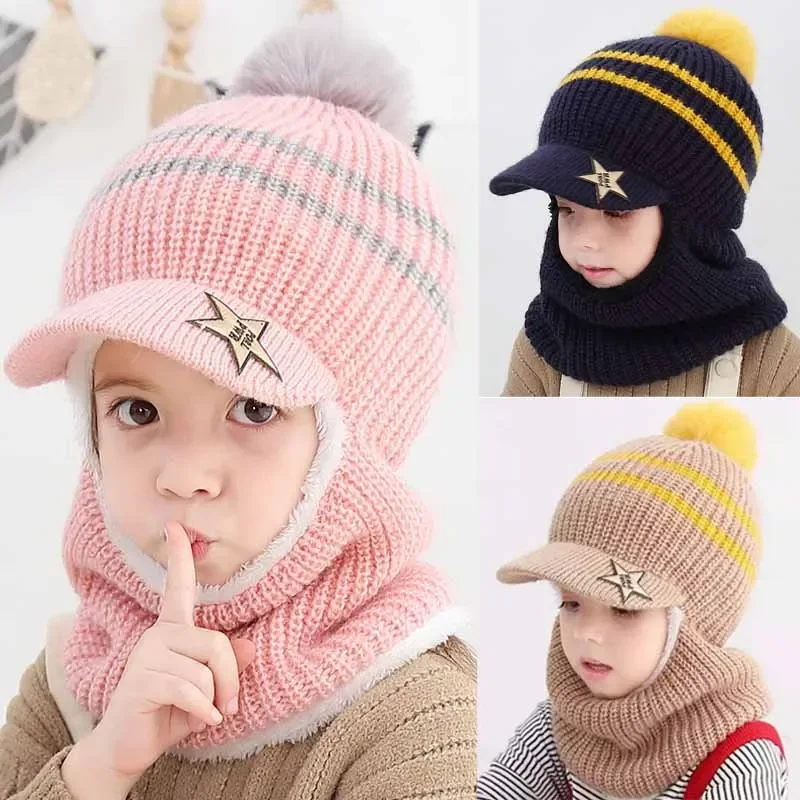 Winter Kids Plus Fleece Cap Hats Thick Warm Knitted Balaclava Cap for Child Outdoor Girls Boys Face Cover Hairball Bib Mask