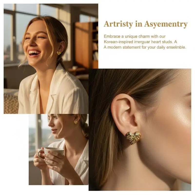 Trendy Irregular Heart Earrings with Textured Crinkled Finish for Women